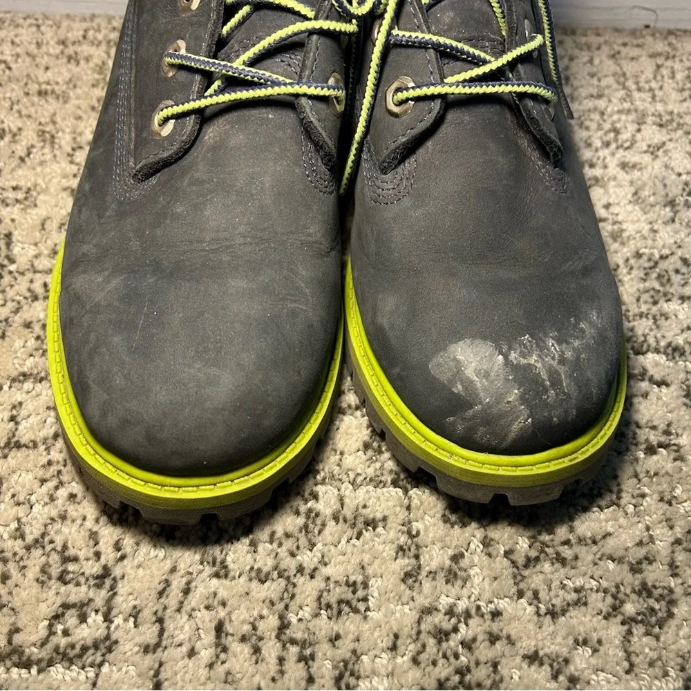 Timberland Green & Safety Grey Suede 6” Premium Waterproof Boots Size 4 Kids